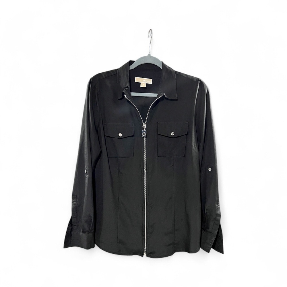 Michael Kors Black and Silver Women's Collared Zippered Blouse, Size 8